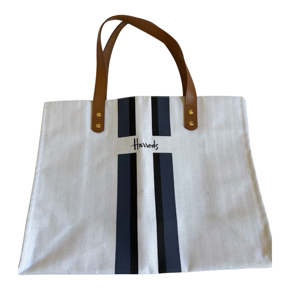 Harrods Canvas Tote with Navy Stripes and Brown Handles